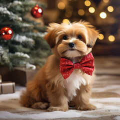 Cute fluffy red dog sits near a Christmas tree