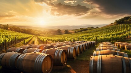 a sun-kissed vineyard with wooden wine barrels lining the rows, symbolizing the craftsmanship and...