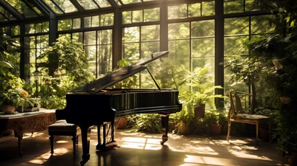a sunlit conservatory with a baby grand piano surrounded by lush greenery, creating a harmonious connection between music and nature