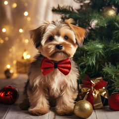 Cute fluffy puppy sits near a Christmas tree and New Year's decorations