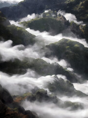 Obraz premium Clouds flow down from green mountains, hills in the clouds, fantastic landscape, vertical illustration
