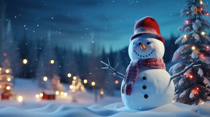 Obraz premium Charming snowy village scene with houses covered in twinkling lights and snowmen standing tall. Ai generative