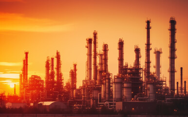 Obraz na płótnie Canvas Oil refinery plant. Gas Processing Plant. Pipes of natural gas factory. Oil crude and gas refineries. Oil refining and Petrochemical. Reduced fuel. Ai Generated Illustration.