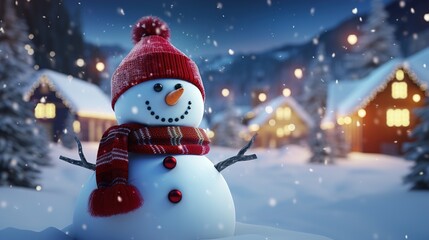 Charming snowy village scene with houses covered in twinkling lights and snowmen standing tall. Ai generative