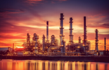 Obraz na płótnie Canvas Oil refinery plant. Gas Processing Plant. Pipes of natural gas factory. Oil crude and gas refineries. Oil refining and Petrochemical. Reduced fuel. Ai Generated Illustration.