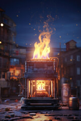 Obraz premium A close-up image of a fire burning inside a traditional wooden stove. 