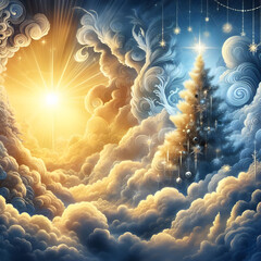 Fantasy landscape with a Christmas tree in the rays of the rising sun

