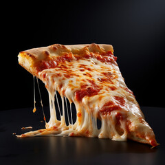 Fotografia de primer plano con detalle de porcion de pizaa con queso fundido - obrazy, fototapety, plakaty