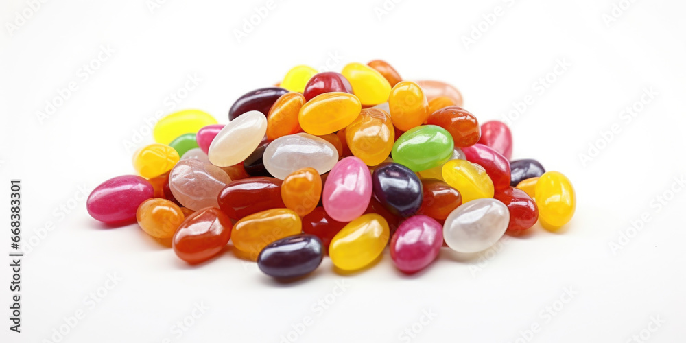 Aufkleber A vibrant pile of jelly beans arranged on a clean white surface. Perfect for adding a pop of color to your designs or illustrating the concept of sweetness and indulgence