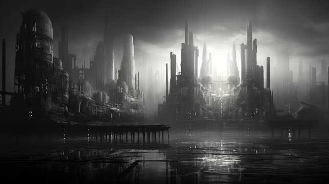 a surreal, monochromatic metropolis, where buildings reach upward as though in a timeless contest