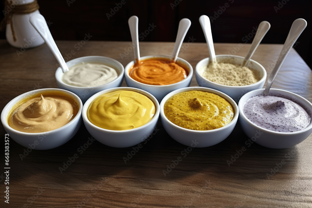 Poster A collection of small bowls filled with various types of dips. Perfect for parties, gatherings, or appetizers.
