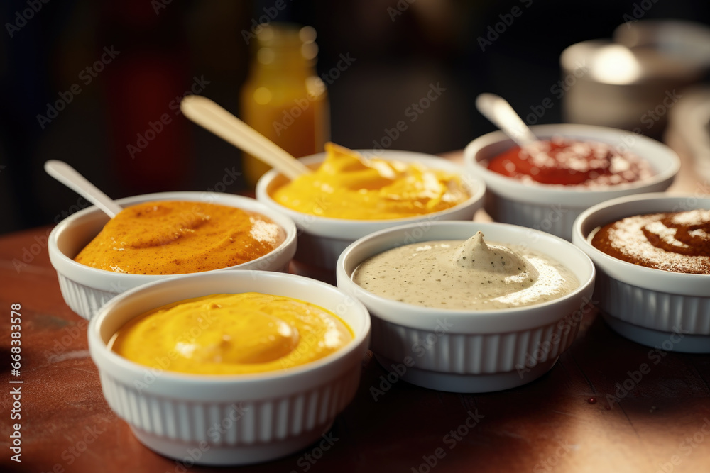 Aufkleber A table displaying a variety of condiments in different types of bowls. Perfect for food bloggers, recipe websites, and restaurant menus