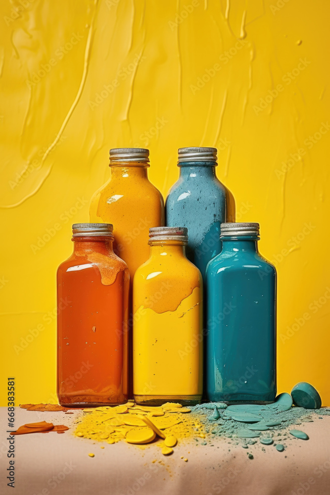 Poster a group of jars filled with different colored paint. perfect for art projects and creative designs