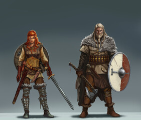 Big set of viking warriors with shields and swords and axes isolated realistic illustration. Redhead viking girl with an ax. Male viking warrior blond in a helmet with horns. - 668383550