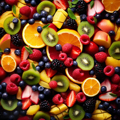 Fondo con detalle y textura de multitud de trozos de diferentes frutas con colores intensos