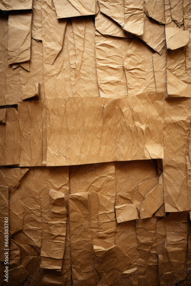 Poster A collection of brown paper pieces displayed on a wall. This versatile image can be used for various purposes, such as backgrounds, textures, or crafts