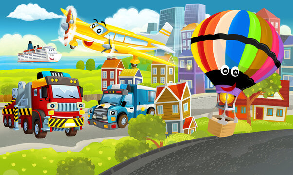 cartoon happy scene with different vehicles cars illustration © honeyflavour