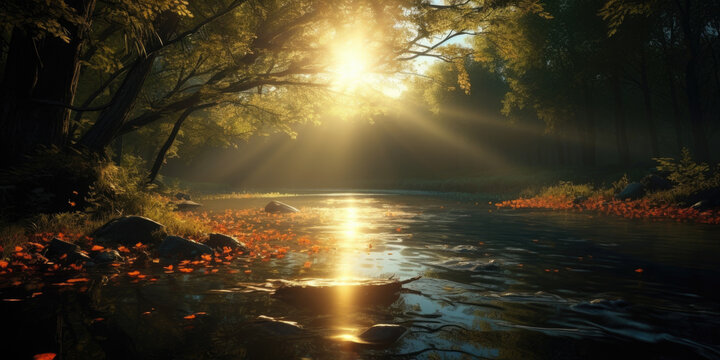 A picturesque scene of the sun shining through the trees over a serene river. This image can be used to depict the beauty of nature and the peacefulness of a river landscape