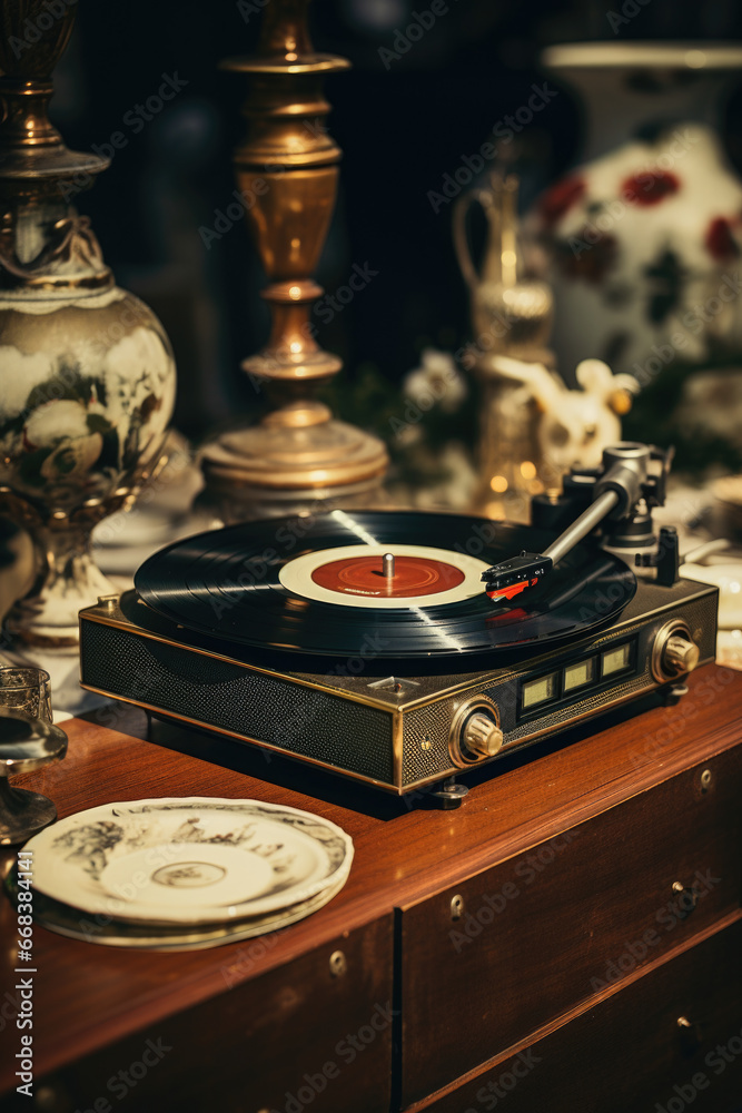 Poster a classic record player sits on top of a sturdy wooden table. this image can be used to depict nosta