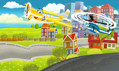 cartoon happy scene with different vehicles cars illustration