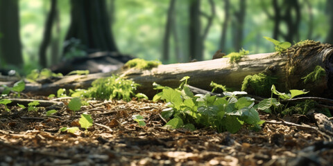 A fallen tree in the middle of a forest. This image can be used to depict nature, environmental changes, or obstacles in a journey