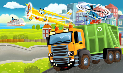 cartoon happy scene with different vehicles and dumper car illustration