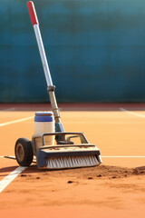 A broom and brush lying on a tennis court. Ideal for sports maintenance or cleaning equipment.