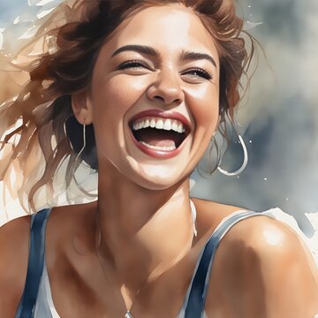 Radiant Smiles: Watercolor Portrait of a Happy Young Woman. generative AI