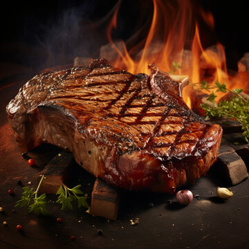 Fondo con detalle y textura de entrecot a la brasa, con fondo de fuego