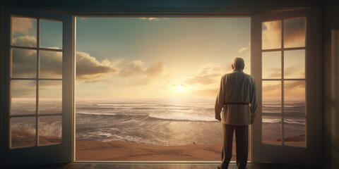 A man standing in front of a window, gazing at the vastness of the ocean. This picture can be used to portray contemplation, tranquility, and the beauty of nature
