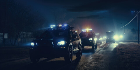 A group of police cars driving down a street at night. This image can be used to illustrate law enforcement, crime prevention, or emergency response
