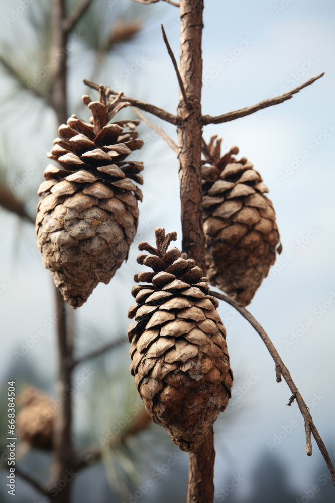 Poster a group of pine cones hanging from a tree branch. this image can be used to depict nature, autumn, o