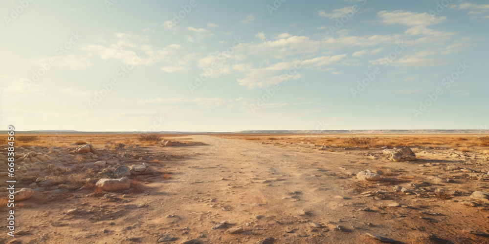 Poster a picture of a dirt road in the middle of a desert. this image can be used to depict a journey, adve