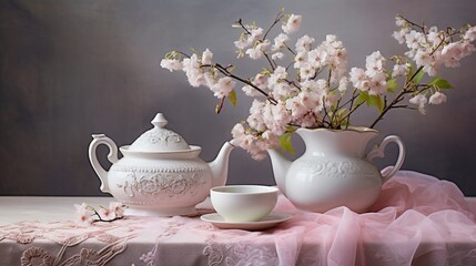A teapot and a teacup surrounded by delicate flowers on a dainty, lace tablecloth.