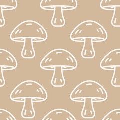 Seamless beige pattern with mushrooms. Autumn background. Perfect for fabric, textile. Creative background