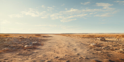 A picture of a dirt road in the middle of a desert. This image can be used to depict a journey, adventure, or remote location