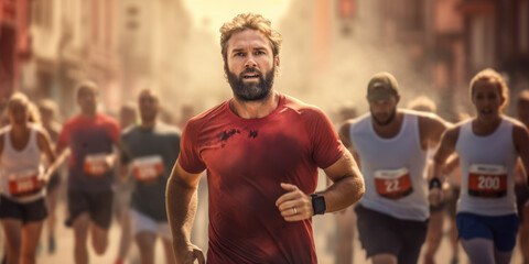 A man is pictured running a marathon wearing a red shirt. This image can be used to depict fitness, endurance, and sports activities