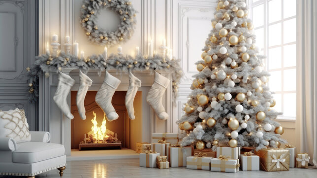 Perfect Christmas home and fireplace decoration. Elegant and white
