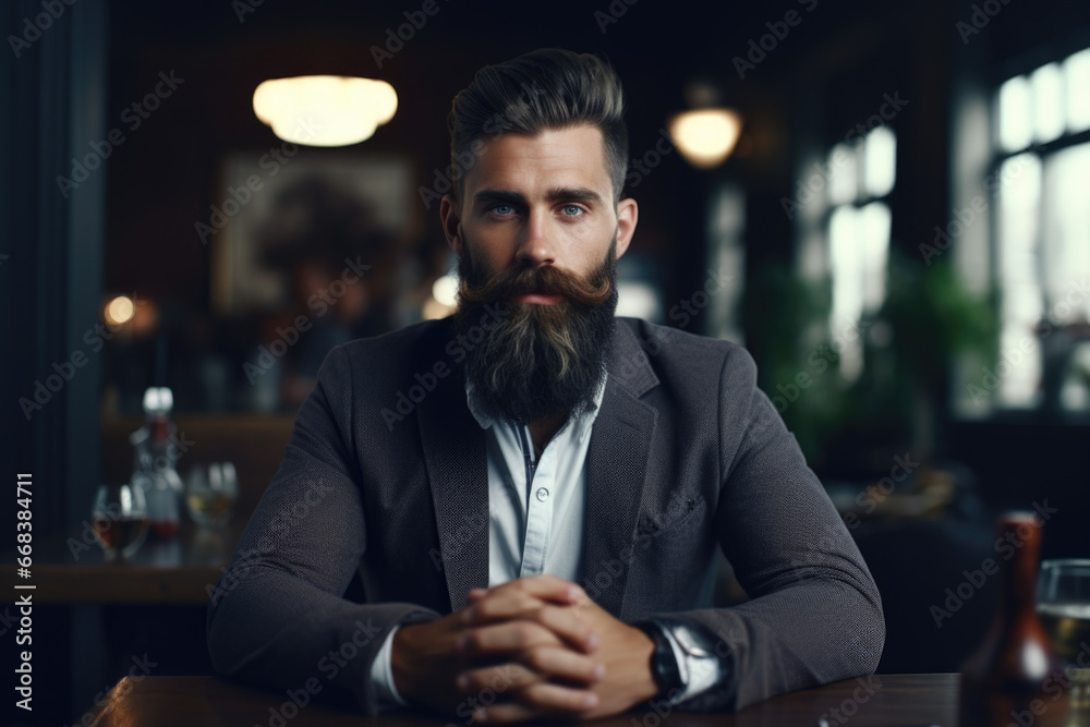 Poster A picture of a man with a beard sitting at a table. This image can be used to depict a variety of scenarios and concepts