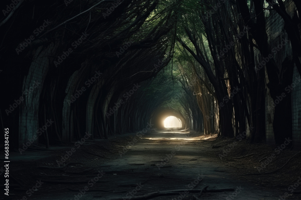 Poster a picture of a dark tunnel with a light at the end. this image can be used to represent hope, new be