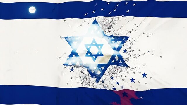 Cracked Israel flag. An animation depicting breaking concrete wall with a painted Israel flag on it. The collapse of hopes, conflict in Middle East.