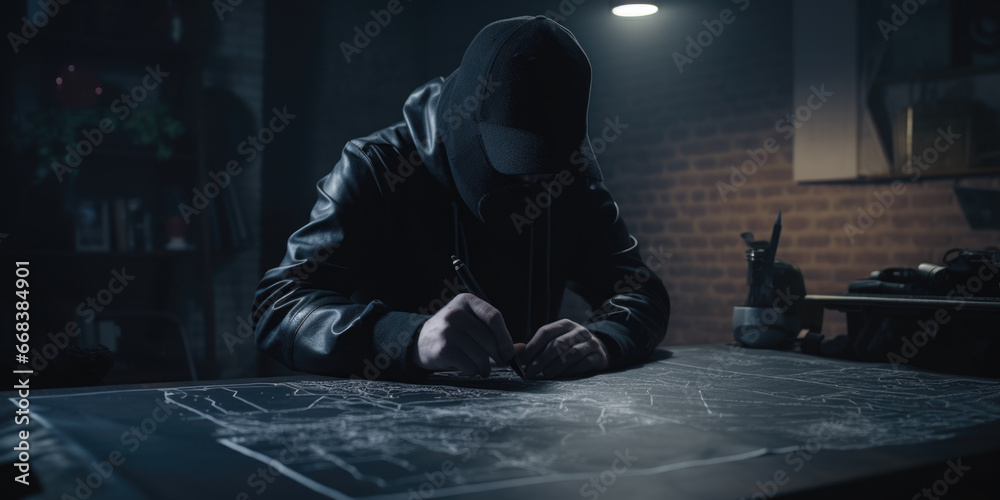 Poster a person sitting at a table writing on a piece of paper. this image can be used to depict creativity