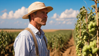 Modern farmer: responsibilities and tasks. On the plantation field, a professional agronomist farmer systematically checks and studies the crop, and also monitors the development of plants - obrazy, fototapety, plakaty