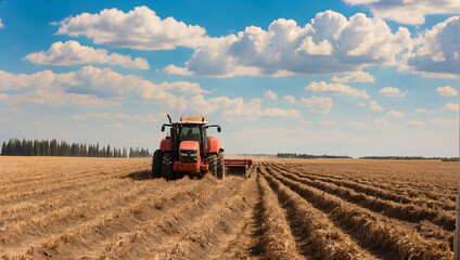 Obraz premium Modern industry and automation are dramatically improving the harvesting process across vast fields. A farmer, on a sunny day, operates a modern combine, ensuring high efficiency