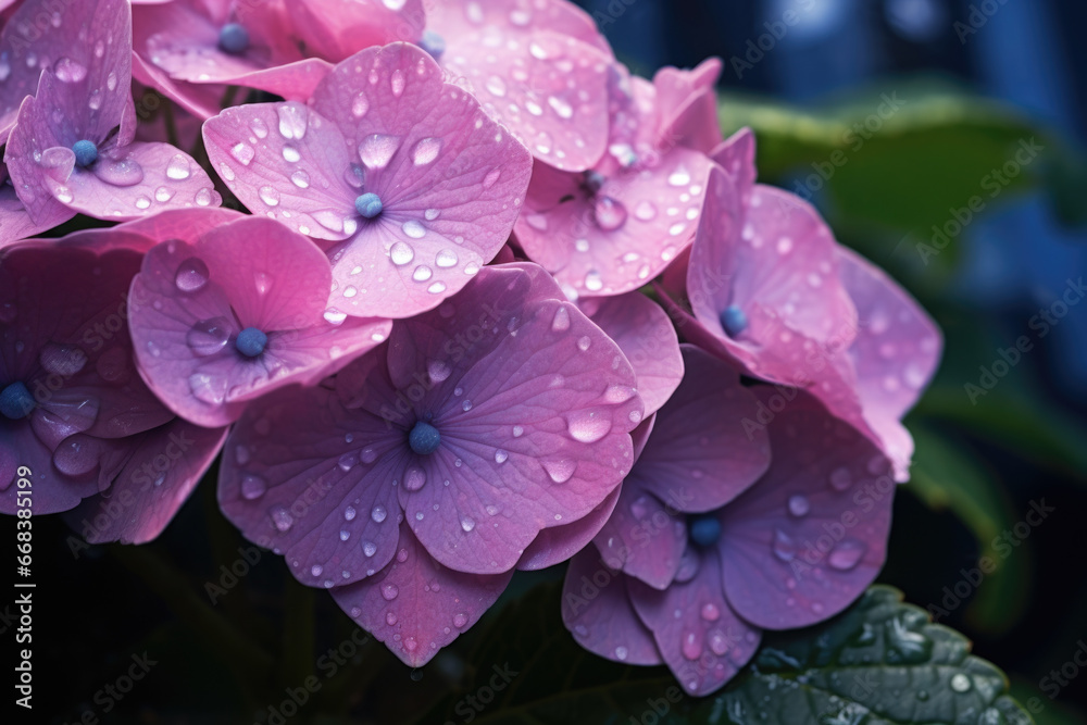 Poster a beautiful bunch of pink flowers with water droplets glistening on their petals. perfect for adding