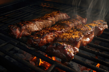 A picture of steaks cooking on a grill with flames in the background. Perfect for showcasing outdoor cooking or barbecue scenes