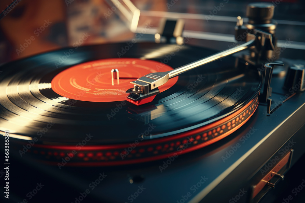 Poster a close up view of a record playing on a turntable. this image can be used to represent music, vinyl