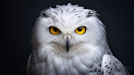 White Owl with yellow eyes on a dark background.