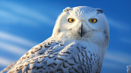 Fototapeta premium Snowy Owl (Bubo scandiacus) on blue sky background