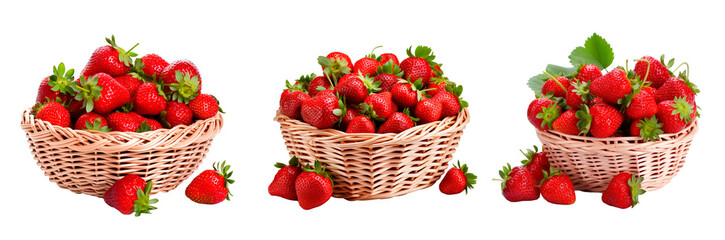 Collage set of whicker basket full of strawberries over isolated transparent background